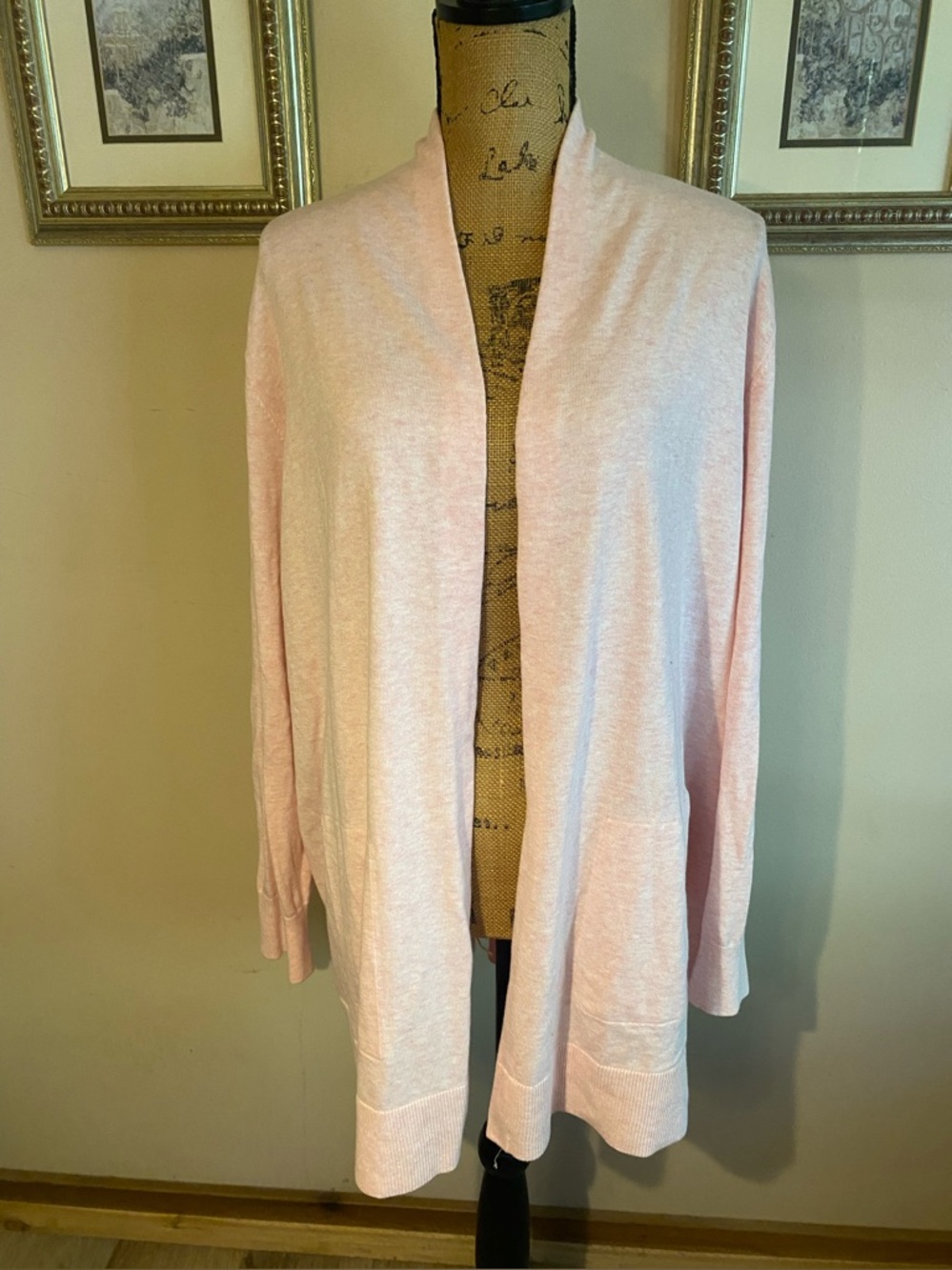 Lands' End Women’s 2X Open Front Cardigan Pink Heather Open Front Pockets Cotton